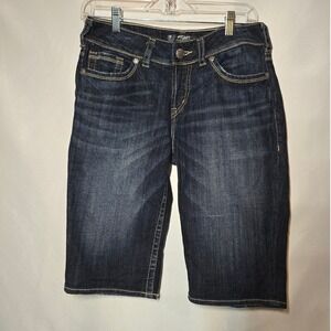 Silver Jeans Co Suki Dark Wash Bermuda Denim Shorts Womens W28 Mid Rise